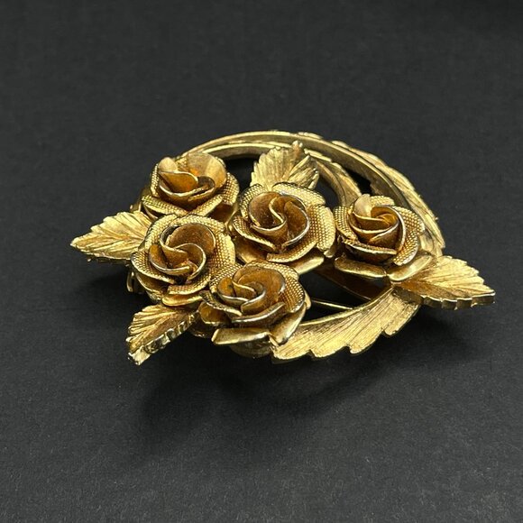 Vintage Coro Signed Rose Flower Brooch Shiny Gold-Tone Pin Jewelry Bling Texture - Picture 3 of 10